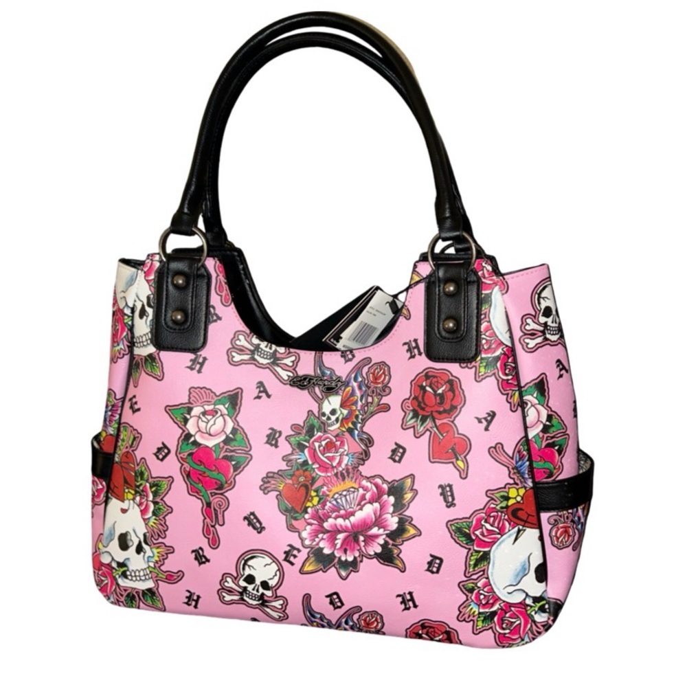 ED HARDY LARGE PINK TOTE PURSE W/ SKULLS ROSES HEARTS DIAMONDS BUTTERFLIES NWT